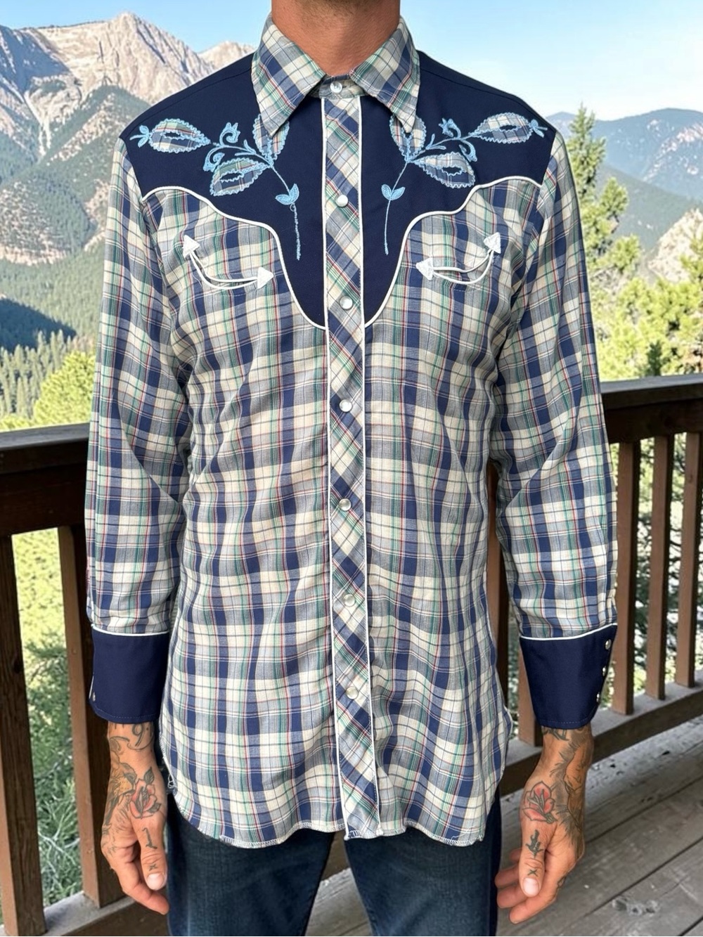 Men's Navy & Light Blue Plaid Western Shirt